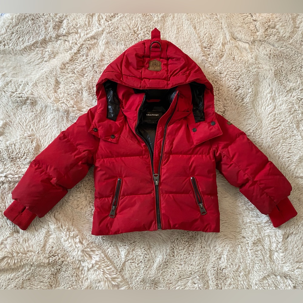 Mackage red down toddler puffer with detachable hood size 2